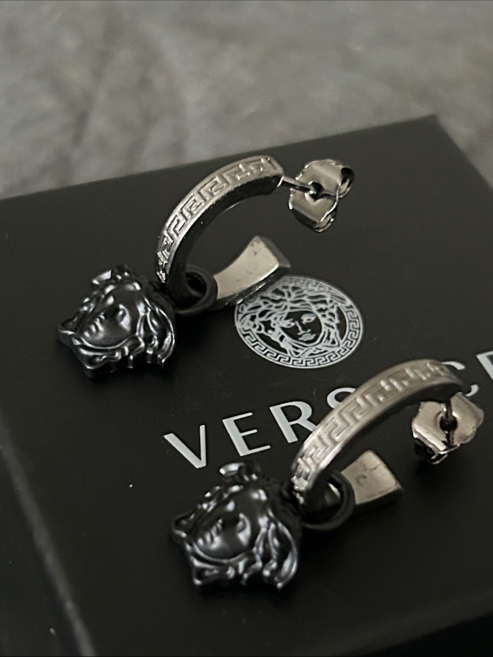 Versace Black Medusa Drop Hoop Earrings